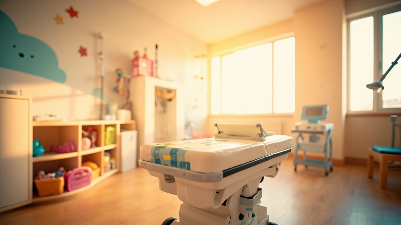 An empty, cheerful pediatric exam room with a soft-topped exam table printed in a playful pattern, a teal cloud and star wall decal, a wooden cubby shelf filled with toys and baskets, an exam lamp, and warm natural daylight through large windows