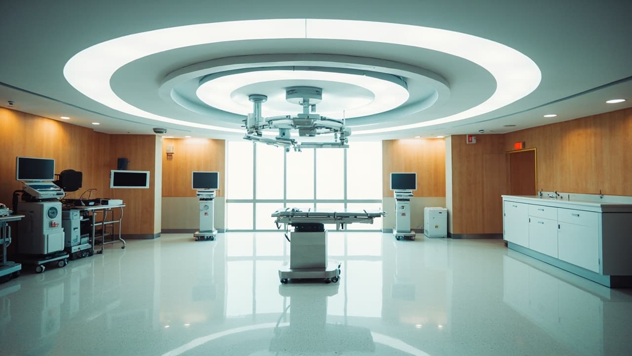 Wide view of an empty, modern operating theatre with a circular overhead surgical light and equipment boom, a stainless steel operating table at center, diagnostic monitors on mobile carts, and warm wood-paneled walls.