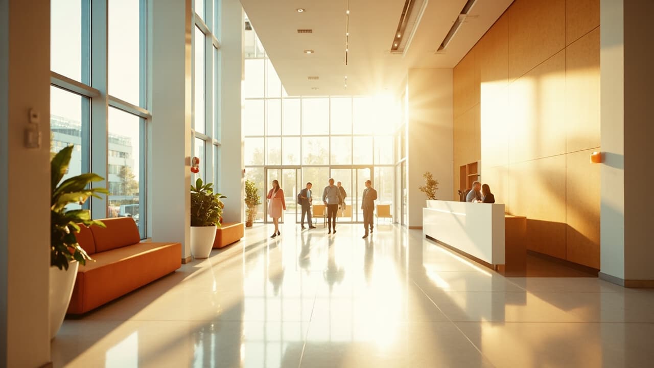 Bright, light-filled modern hospital lobby with floor-to-ceiling windows, warm wood-toned reception desk and orange seating, sunlight streaming across the polished floor.