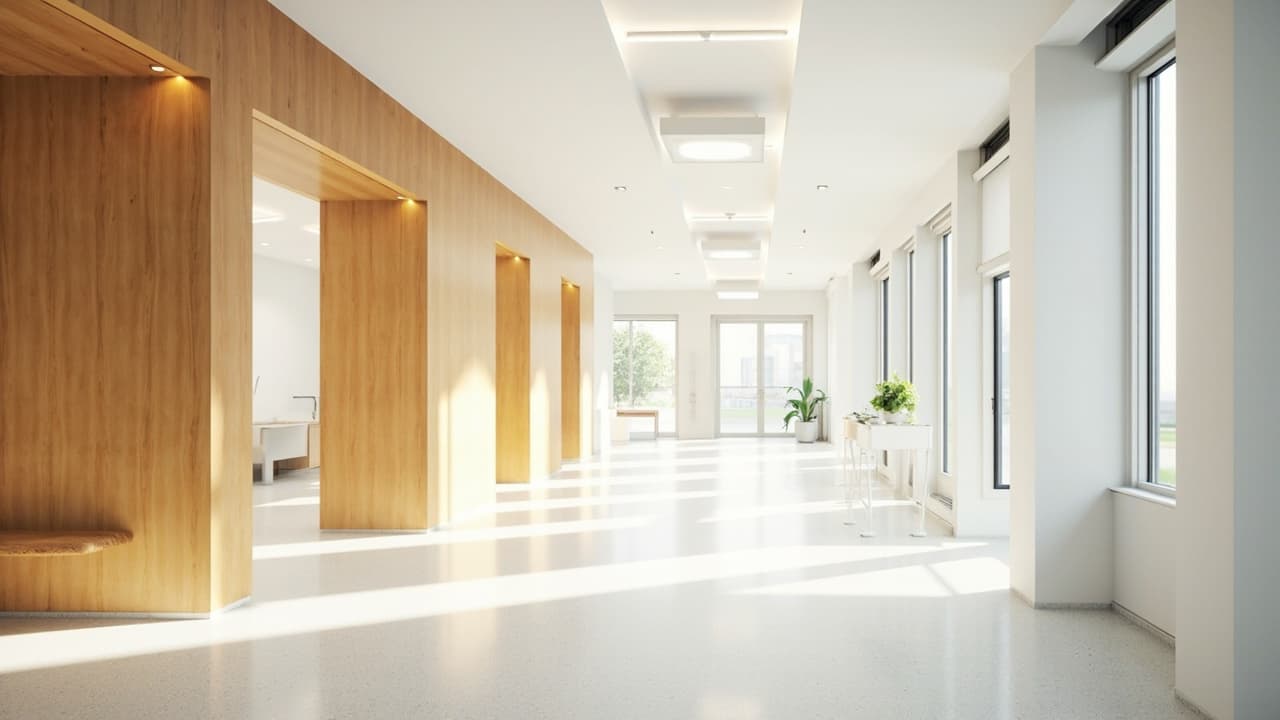 A bright, modern hospital corridor with warm wood-panelled walls, large windows and natural daylight