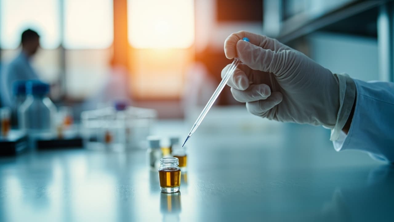 A gloved hand using a precision pipette to transfer liquid into small sample vials on a lab bench, warm morning light in the background