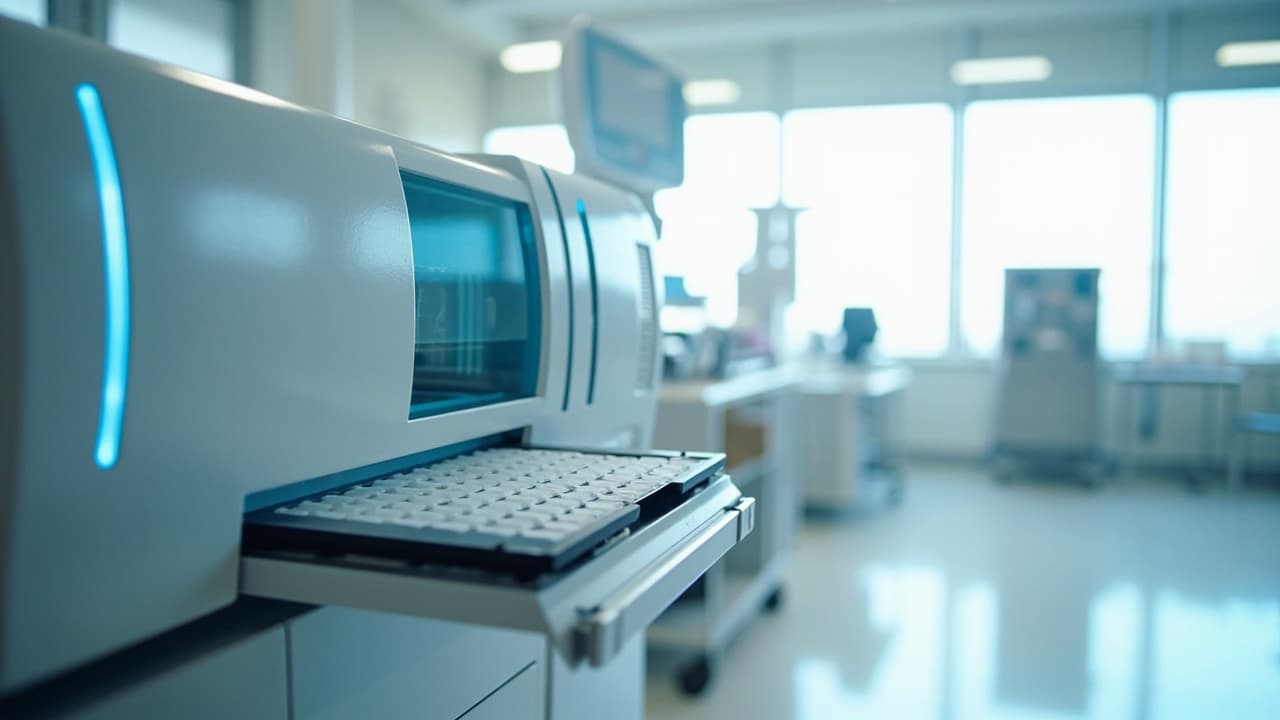 A modern automated diagnostic lab analyzer with sample tray extended, in a bright, clean laboratory
