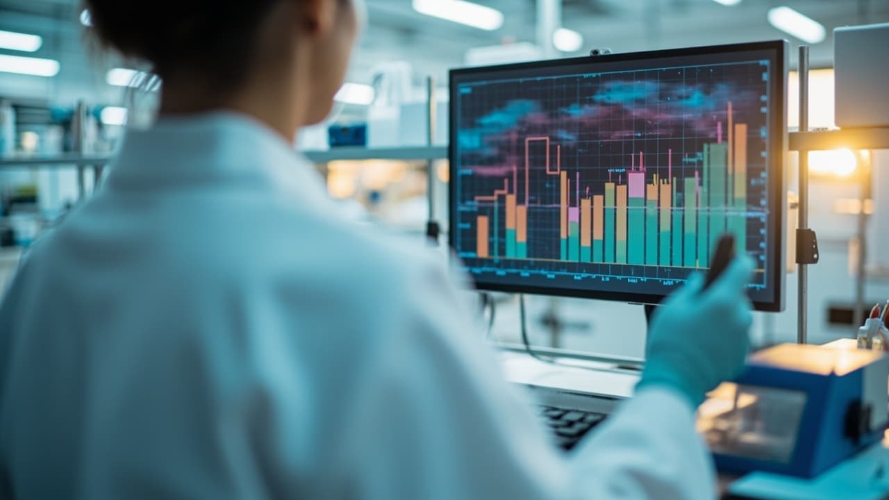 A lab scientist in a white coat and gloves, viewed from behind, pointing at colorful data charts on a monitor at a laboratory workstation